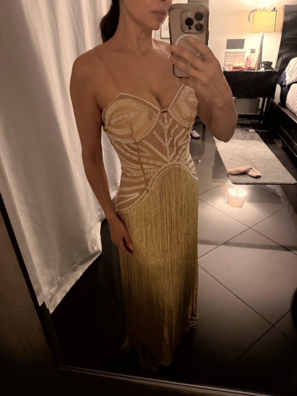 Gold Fringe Evening Dress with Beaded Bodice